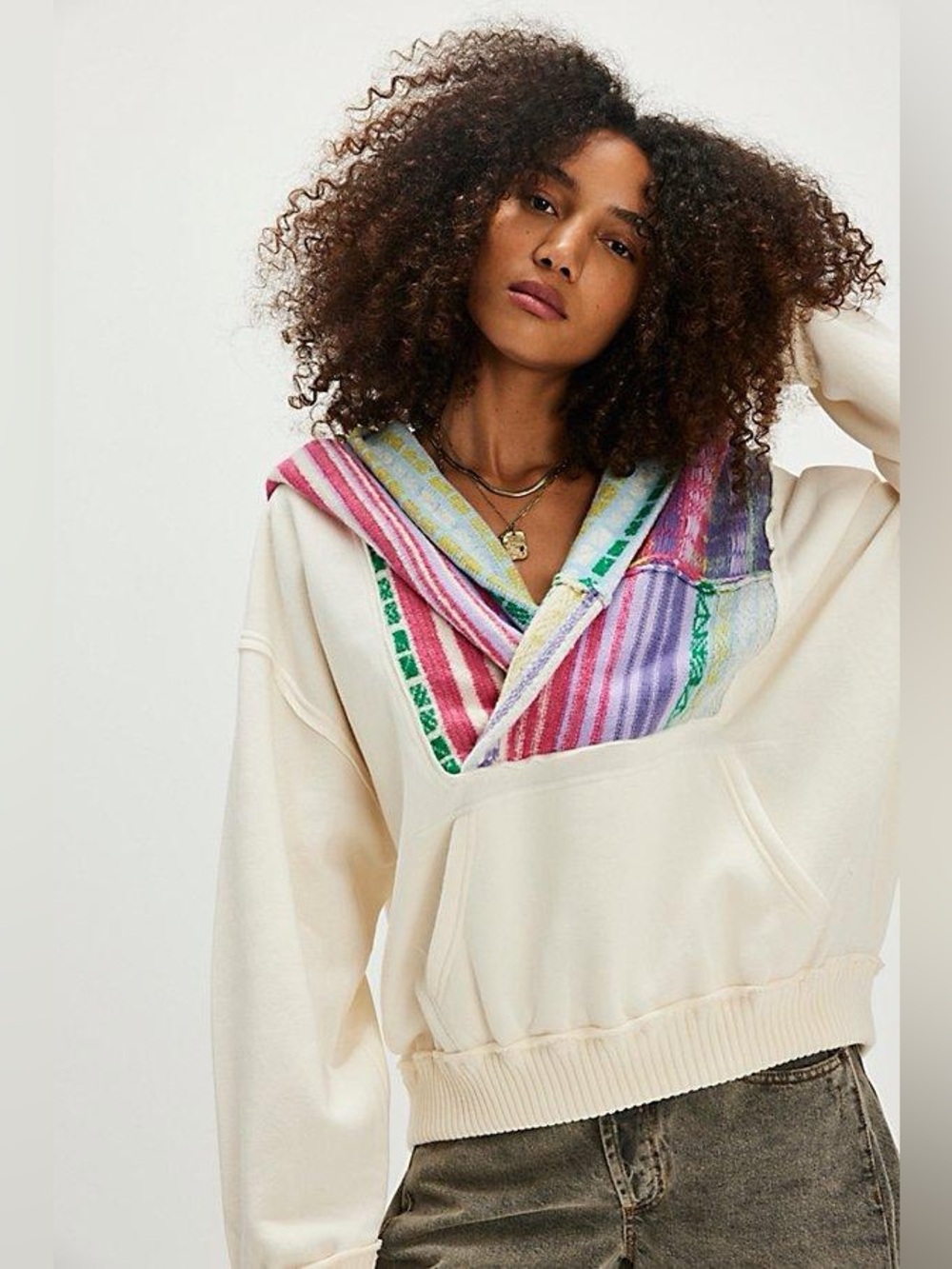 Free People Cream Hoodie with Multicolor Striped Hood